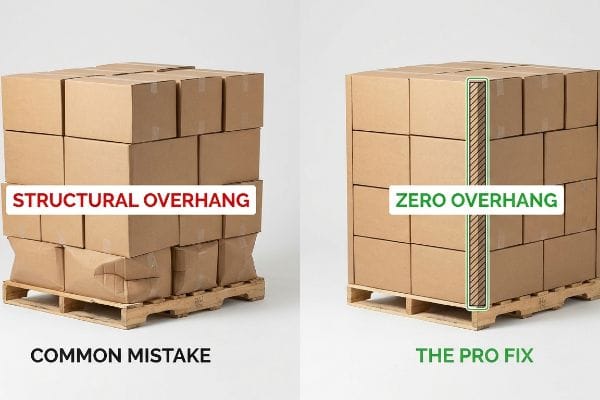 Pallet Overhang Comparison Brown cardboard boxes on wooden pallets compare Structural Overhang (Common Mistake) with Zero Overhang (The Pro Fix) for stable, aligned shipping.