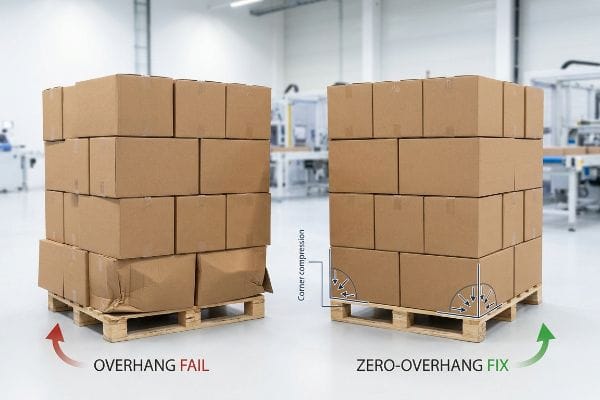 Brown corrugated boxes on pallets illustrate Overhang Fail with crushed cartons versus Zero-Overhang Fix showing proper Corner Compression.