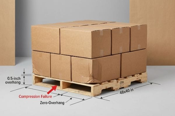 Pallet Overhang Compression Failure Wooden GMA pallet with 0.5-inch overhang on cardboard boxes causing Compression Failure, contrasted with Zero-Overhang on a 48x40 inch pallet.