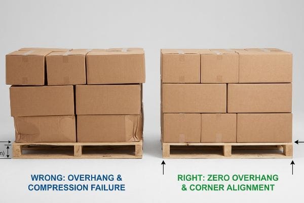 Pallet Overhang Comparison Brown corrugated boxes on pallets, comparing Wrong 0.5-inch Overhang and Compression Failure to Right Zero Overhang.