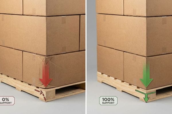 Comparação de suportes para saliências de paletes Caixas de papelão ondulado marrom em paletes. Esquerda: 0% de suporte, canto amassado devido à saliência. Direita: 100% de suporte, canto intacto.