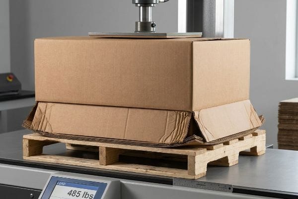 A corrugated master carton with buckling flutes catastrophically crushes under 485 lbs of top-load pressure due to pallet overhang during a compression test.