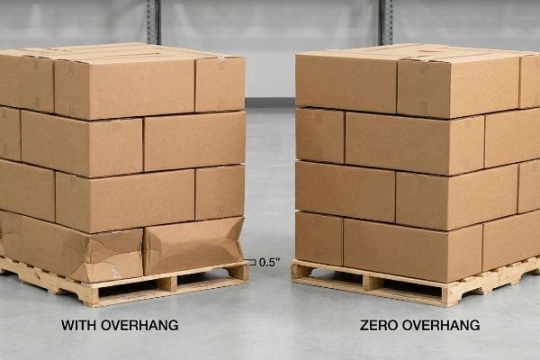 Brown corrugated master cartons on a pallet with 0.5-inch overhang show crushed bottom boxes, contrasting undamaged zero-overhang boxes.
