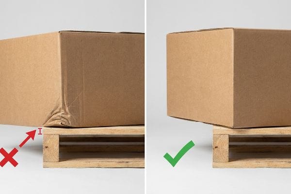 Pallet Overhang Damage Crushed master carton corner from pallet overhang (left) versus stable, undamaged box on wooden pallet (right).