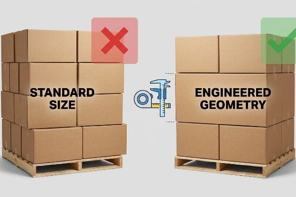 Engineered Pallet Geometry Brown corrugated boxes on pallets compare Standard Size (red X, overhang) versus Engineered Geometry (green check, perfect fit), with measuring tools emphasizing precise pallet alignment.