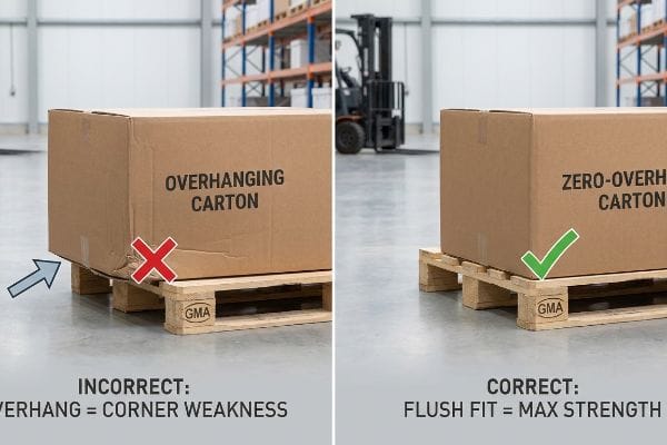 Pallet Overhang Comparison Brown corrugated boxes on GMA pallets illustrate correct Zero-Overhang Carton placement for Max Strength versus Overhanging Carton causing Corner Weakness.