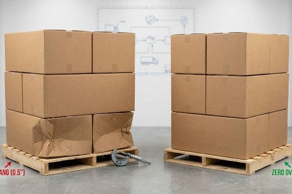 Micrometer between two pallet stacks: one with 0.5-inch Pallet Overhang causing damaged boxes, the other with Zero Overhang.