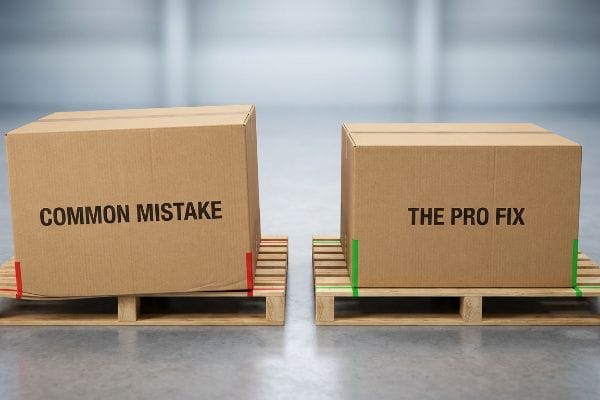 Pallet Overhang Solution Brown corrugated boxes on wooden pallets. The 'Common Mistake' box overhangs the pallet with red lines; 'The Pro Fix' box aligns perfectly with green lines.
