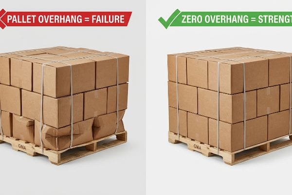 Pallet Overhang Comparison Brown corrugated master cartons on GMA wood pallets, illustrating "Pallet Overhang = Failure" versus "Zero Overhang = Strength".
