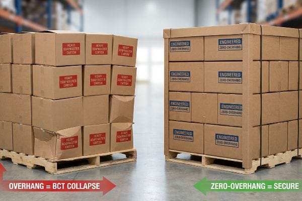 Palletized corrugated boxes illustrate 'Overhang = BCT Collapse' with crushed 'Heavy Soapmaster Carton' boxes versus 'Zero-Overhang = Secure' with stable 'Engineered Zero-Overhang' cartons.