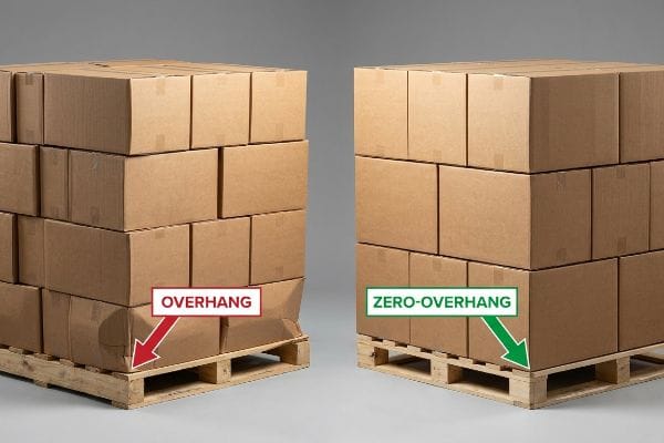 Brown cardboard boxes on pallets illustrate Overhang causing buckling versus Zero-Overhang for optimal compression strength.