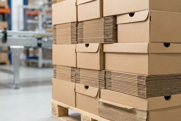 Brown cardboard shoe boxes, both assembled and flat-packed, stacked on a wooden pallet in a warehouse for bulk shipping.
