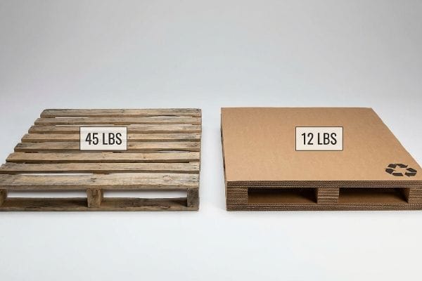 Pallet Weight Comparison Weathered wooden pallet and a brown corrugated paper pallet, labeled 45 Lbs and 12 Lbs respectively, showcasing the significant weight difference.