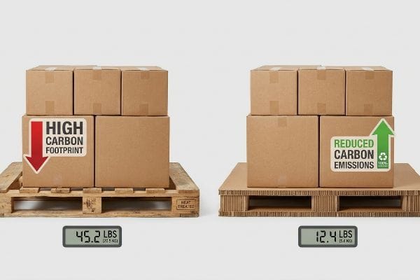 Pallet Weight Carbon Comparison Heat-treated wooden pallet supporting 45.2 LBS (20.5 KG) of boxes labeled 'High Carbon Footprint' contrasts with a corrugated paper pallet holding 12.4 LBS (5.6 KG) of boxes labeled 'Reduced Carbon Emissions, 100% Recyclable'.
