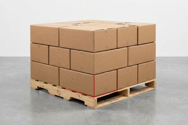 Brown cardboard boxes stacked on a wooden pallet, with a red outline highlighting the zero-overhang structural support.