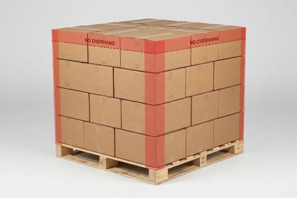 Pallet Zero Overhang Boxes Brown cardboard boxes stacked on a wooden pallet, marked with red lines and "No Overhang" text, illustrating zero pallet overhang.