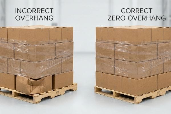 Pallet Overhang Comparison Two palletized stacks of brown corrugated boxes illustrate Incorrect Overhang with a crushed box versus Correct Zero-Overhang for stability.