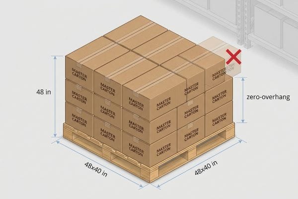 A wooden pallet loaded with Master Cartons, illustrating 48x40 inch dimensions and 48 in height, emphasizing zero-overhang to prevent damage.
