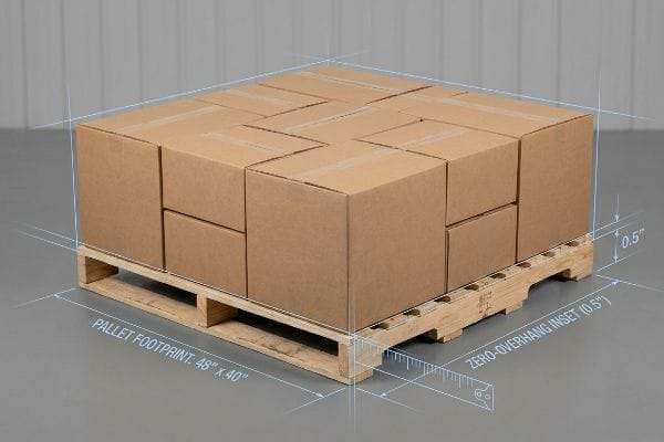 Brown cardboard boxes stacked on a 48" x 40" pallet, illustrating a 0.5" Zero-Overhang Inset for secure shipping.