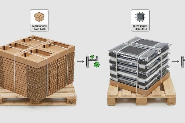 Brown corrugated cardboard structures for Paper Goods - Fast Lane on a pallet, contrasted with silver-wrapped Electronics - Regulated items, showing decoupled shipping.