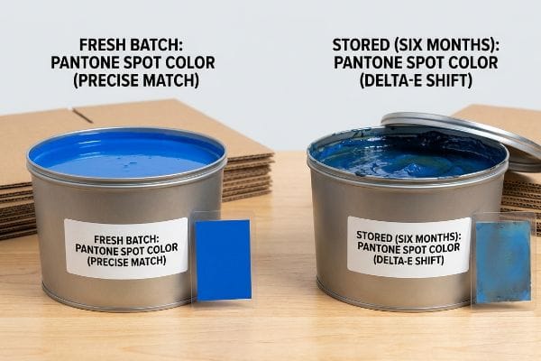 Pantone Ink Color Shift Two metal cans of Pantone spot color ink, one fresh batch with a precise blue match, and one stored for six months showing a Delta-E shift to a duller blue.