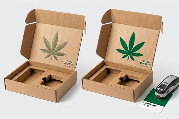 CMYK vs. Pantone-Druck Auf Kartons werden Cannabisblatt-Logos im CMYK-Halbton- und Pantone-Sonderfarben-Verfahren präsentiert. Ein Pantone-348-C-Farbmuster und ein Spektralphotometer sind sichtbar.
