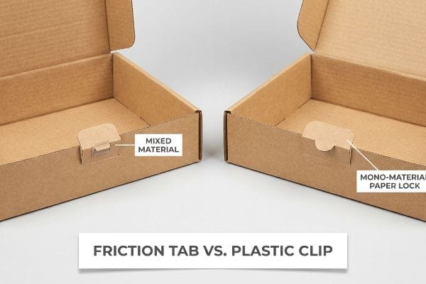 Two open corrugated mailer boxes display a mixed material plastic clip on the left and a mono-material paper lock on the right, illustrating Friction Tab Vs. Plastic Clip.