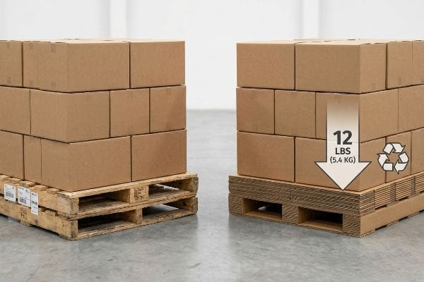 Brown cardboard boxes stacked on a 12 Lbs (5.4 Kg) corrugated paper pallet with a recycling symbol, next to a stack on a wooden pallet.
