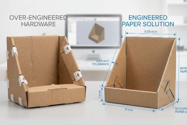 Two cardboard display boxes compare Over-Engineered Hardware with plastic clips to an Engineered Paper Solution featuring integrated paper locks and 0.05-inch tolerance.