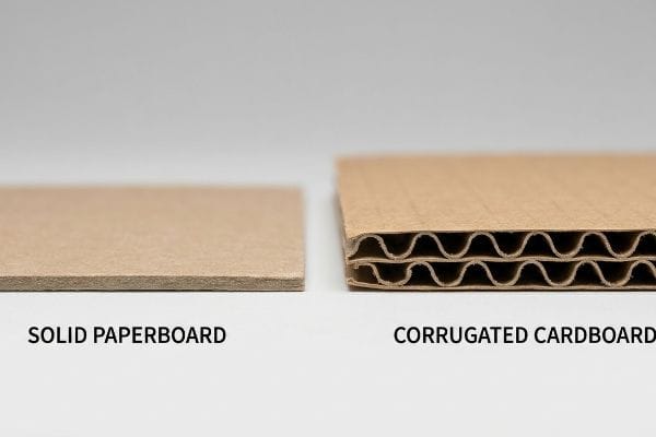 A side-by-side comparison of Solid Paperboard and Corrugated Cardboard, showing the distinct fluting layers of the corrugated structure.