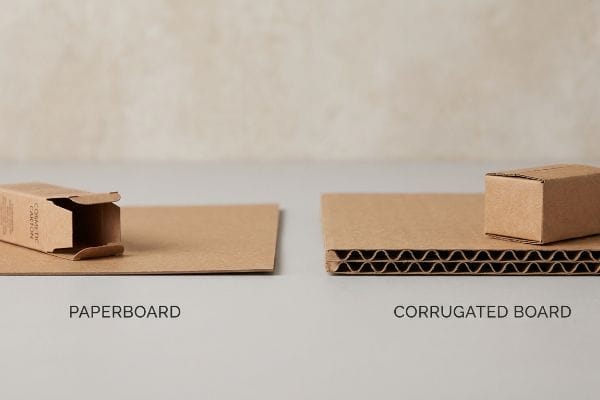 Comparing Paperboard and Corrugated Board, an open Cosmetic Carton sits on flat paperboard, while a small box rests on corrugated board with visible fluting.