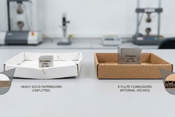 Heavy Solid Paperboard (Unfluted) tray failing at 10 LBS dynamic load, contrasted with E-Flute Corrugated (Internal Arches) supporting 40+ LBS.