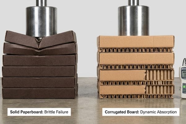 Paperboard Corrugated Strength Test Solid Paperboard shows Brittle Failure under compression, contrasted by Corrugated Board demonstrating Dynamic Absorption, with a device displaying 400.