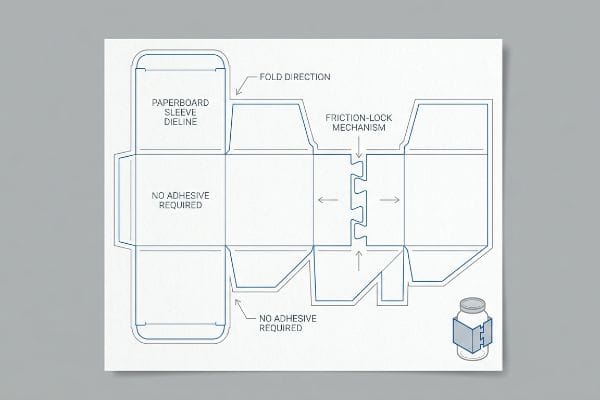 Sleeve Dieline Friction Lock Detailed Paperboard Sleeve Dieline blueprint showing Friction-Lock Mechanism, Fold Direction, and No Adhesive Required sections, with a bottle.