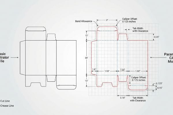 Comparación de la línea de troquelado con las medidas Comparación de troqueles de embalaje que muestra un archivo básico de Illustrator frente a un modelo CAD paramétrico con medidas de desplazamiento del calibre y margen de plegado.