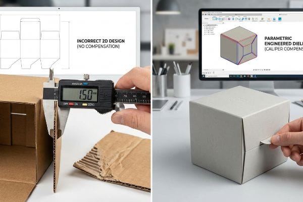 Caliper Compensation Comparison Digital caliper measures 1.50 mm corrugated board, contrasting Incorrect 2D Design with Parametric Engineered Dieline and a perfect box.