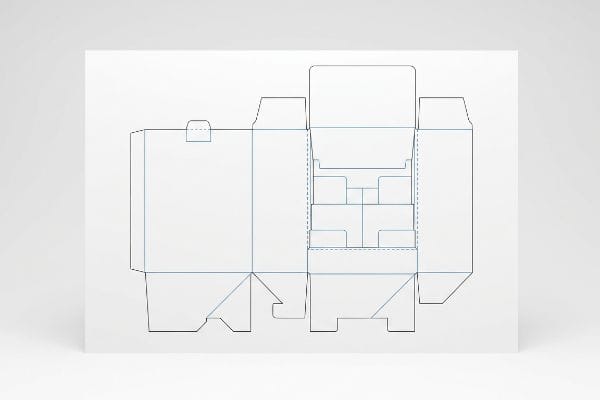 Countertop PDQ Dieline Detailed packaging template dieline for a countertop PDQ tray, showing blue fold lines and black cut lines for internal tiered structures.