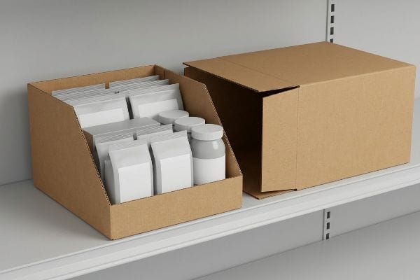 On a white shelf, a brown cardboard PDQ display box holds blank white pouches and jars, positioned beside a closed master shipping carton.