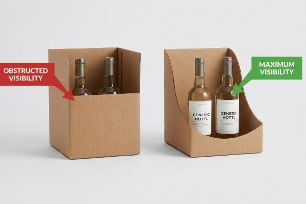 Corrugated PDQ display trays, one with high lip causing Obstructed Visibility, the other with custom die-cut for Maximum Visibility of Generic Hottl bottles.