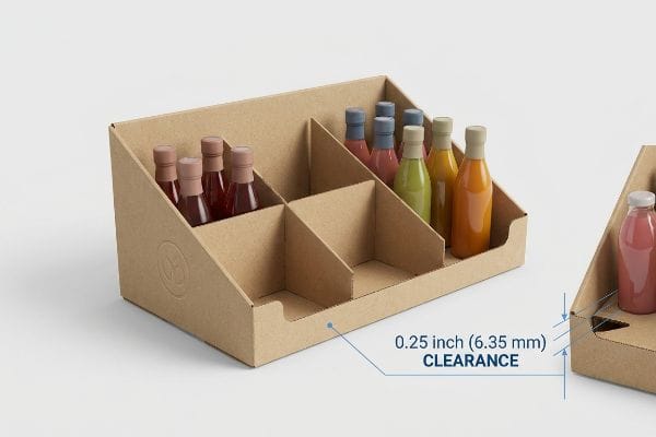 PDQ Tray Clearance Brown corrugated cardboard PDQ tray with modular dividers holding small bottles, highlighting 0.25 inch (6.35 mm) Clearance.