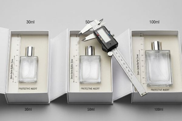 Perfume Box Size Measurement A digital caliper measures a 50ml perfume bottle in its white box with a Protective Insert and 3mm-5mm Buffer Zone, alongside 30ml and 100ml sizes.