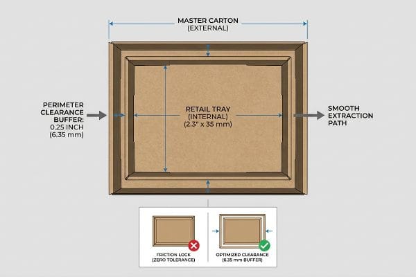 Perimeter Clearance Buffer of 0.25 Inch (6.35 mm) between a Retail Tray and Master Carton for Smooth Extraction Path, comparing Friction Lock to Optimized Clearance.