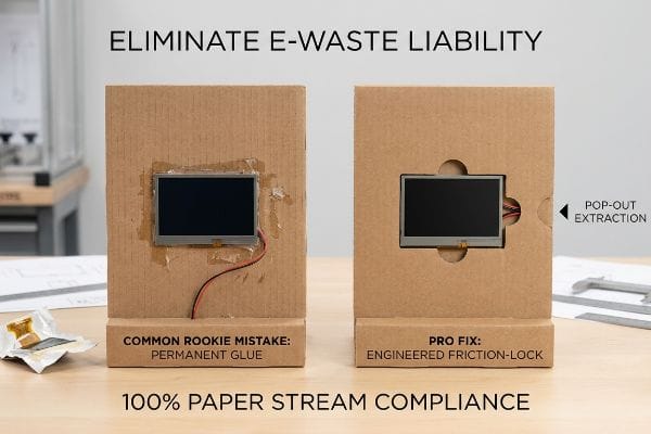 Cardboard displays compare an LCD screen with Permanent Glue to an Engineered Friction-Lock for easy Pop-Out Extraction, ensuring 100% Paper Stream Compliance and eliminating E-Waste Liability.