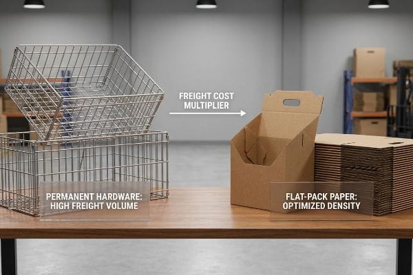 Metal wire baskets representing Permanent Hardware: High Freight Volume, contrasted with flat-pack paper boxes for Optimized Density, illustrating a Freight Cost Multiplier.
