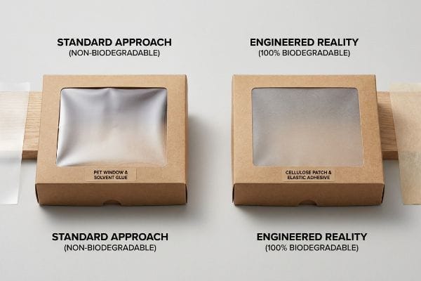 Biodegradable Window Packaging Brown cardboard boxes contrasting Standard Approach (Non-Biodegradable) PET window and solvent glue with Engineered Reality (100% Biodegradable) cellulose patch and elastic adhesive.