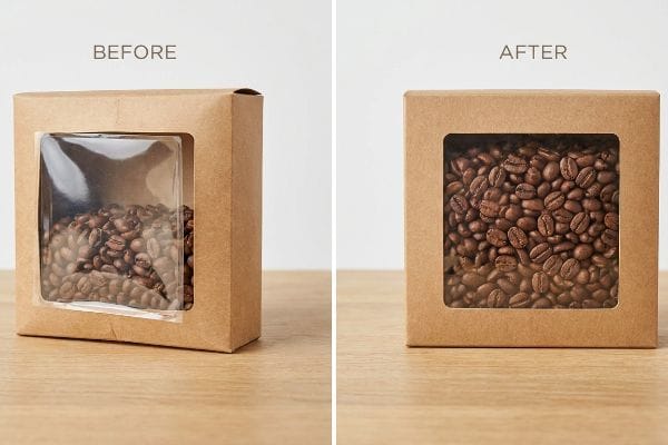 Kraft Window Solution Kraft paper coffee boxes, 'Before' showing a warped PET plastic window, 'After' an intact, flat cellulose window with roasted coffee beans, highlighting packaging integrity.