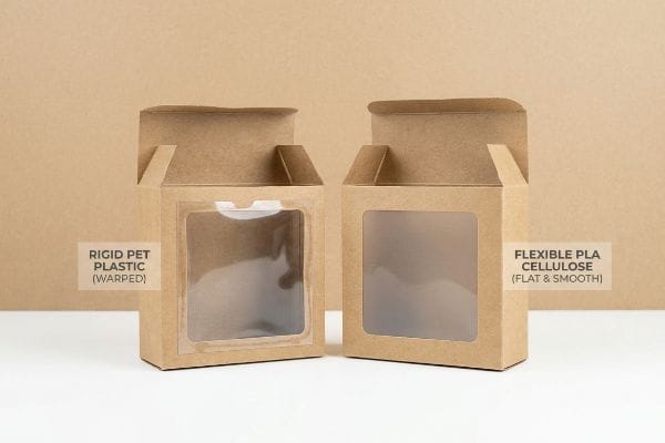 Window Material Warp Comparison Side-by-side comparison of kraft paper window boxes, showing a warped Rigid PET Plastic window versus a flat Flexible PLA Cellulose window.