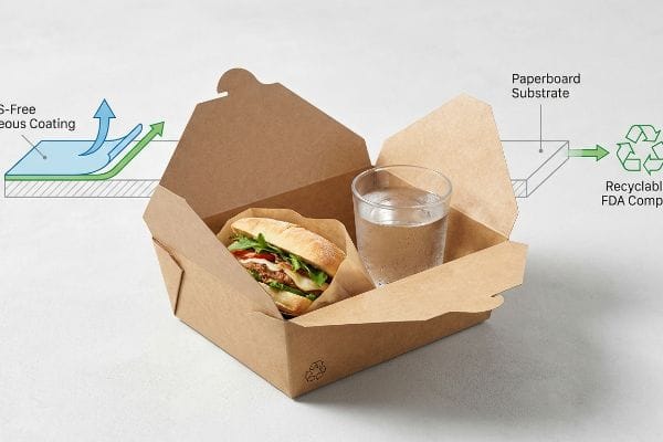 PFAS-Free Food Container Brown paperboard food container with a sandwich and water, featuring PFAS-Free Aqueous Coating and Recyclable FDA Compliant Paperboard Substrate.