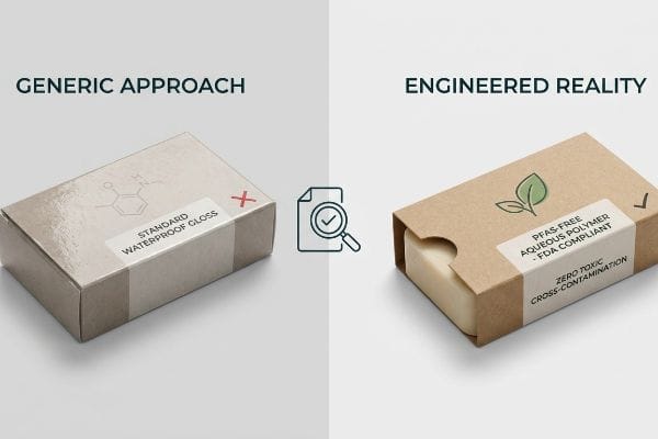 PFAS-Free Packaging Solution Generic Approach: 'Standard Waterproof Gloss' (X). Engineered Reality: 'PFAS-Free Aqueous Polymer - FDA Compliant, Zero Toxic Cross-Contamination' (✓).