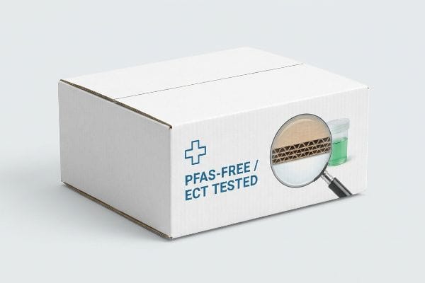 Pfas-Free Ect Packaging White corrugated box with Pfas-Free / Ect Tested label, magnifying glass showing cardboard flutes, and a green vial.